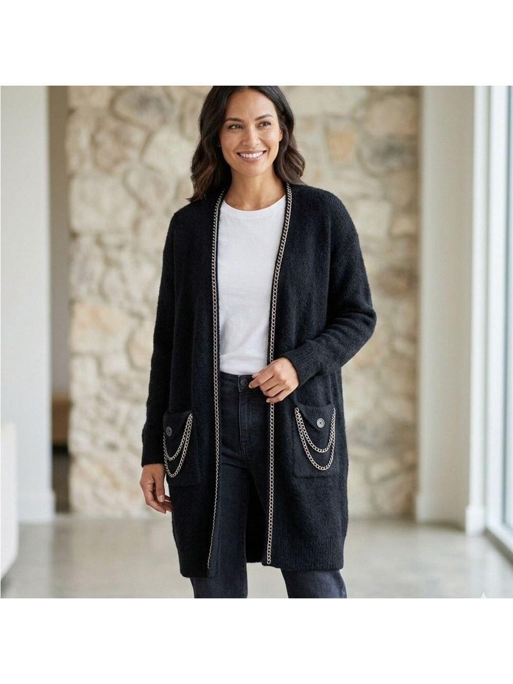 Max Sport Black Long Line Cardigan Sweater Women Small Gold Chain Embellishment